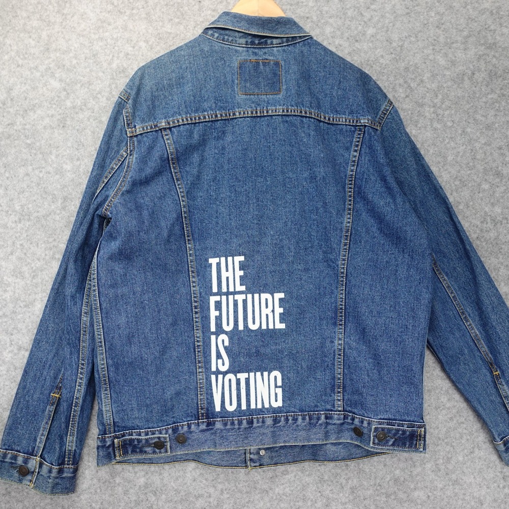 LEVIS Headcount Trucker Jacket Mens XL Blue Denim The Future is Voting RARE